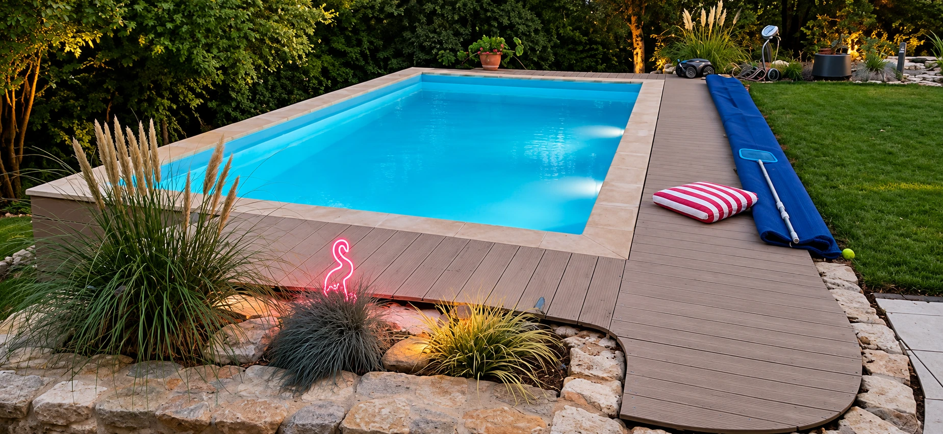 Pool mit Holzterrasse und umgebender Bepflanzung